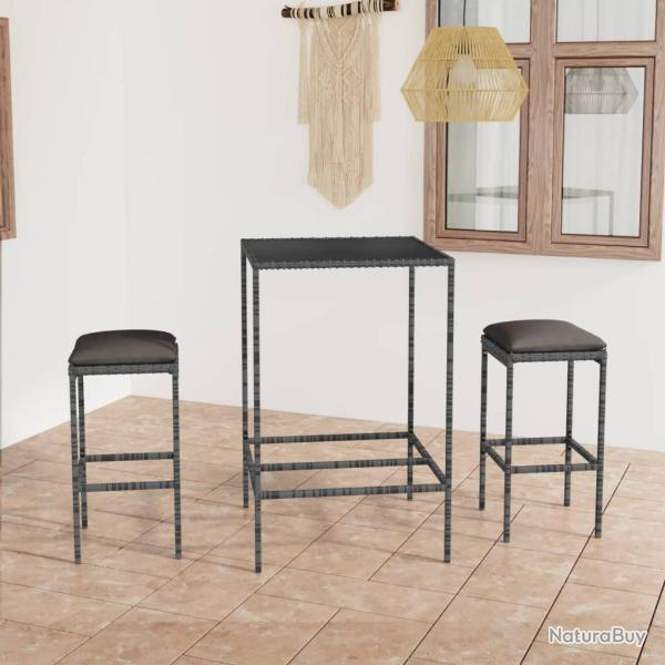 bar de jardin 3 pcs et coussins R�sine tress�e Gris