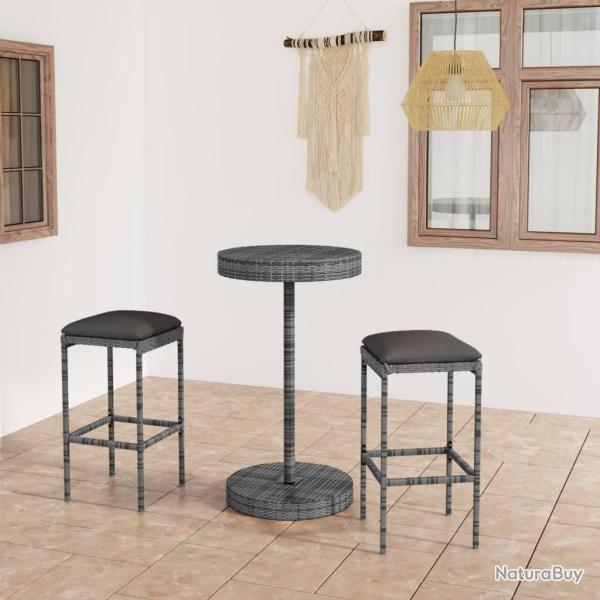 bar de jardin 3 pcs et coussins R�sine tress�e Gris