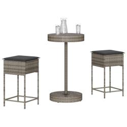 bar de jardin 3 pcs et coussins gris r&eacute;sine tress&eacute;e