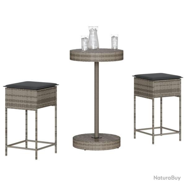 bar de jardin 3 pcs et coussins gris r�sine tress�e
