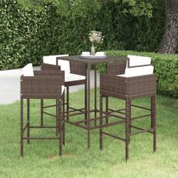 Ensemble bar de jardin 5 pcs et coussins R&eacute;sine tress&eacute;e Marron