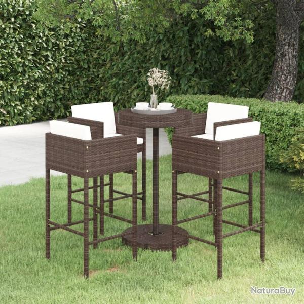 Ensemble bar de jardin 5 pcs et coussins R�sine tress�e Marron alsavelo