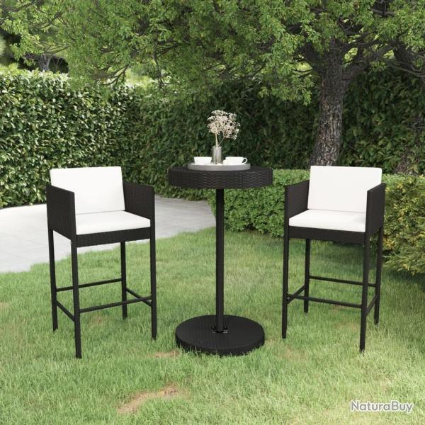 bar de jardin 3 pcs et coussins R�sine tress�e Noir
