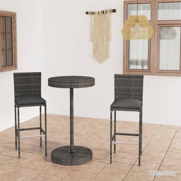 bar de jardin 3 pcs et coussins R�sine tress�e Gris