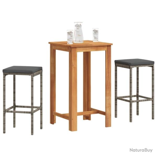bar de jardin 3 pcs gris bois massif acacia rotin