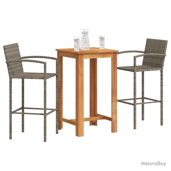 Ensemble de bar de jardin 3 pcs gris bois massif acacia rotin