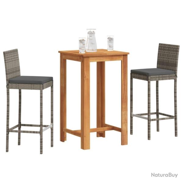 bar de jardin 3 pcs gris bois massif acacia rotin