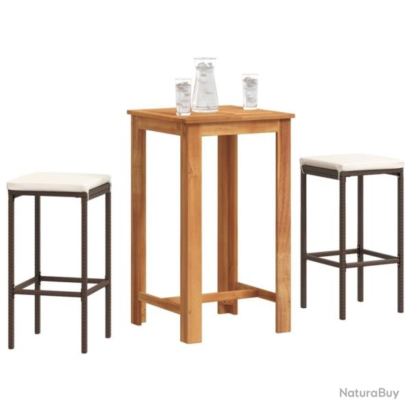 bar de jardin 3 pcs marron bois massif acacia rotin