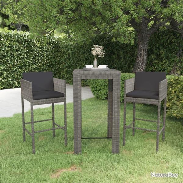 bar de jardin 3 pcs et coussins R�sine tress�e Gris