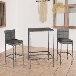bar de jardin 3 pcs et coussins R&eacute;sine tress&eacute;e Gris