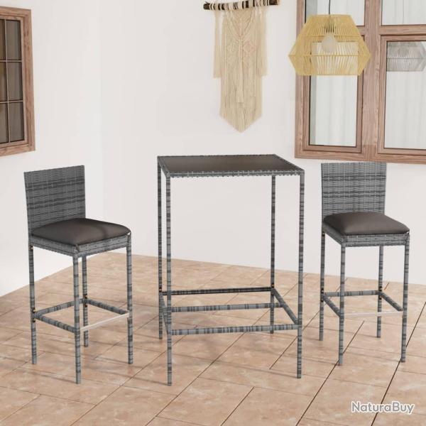 bar de jardin 3 pcs et coussins R�sine tress�e Gris