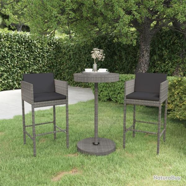 bar de jardin 3 pcs et coussins R�sine tress�e Gris