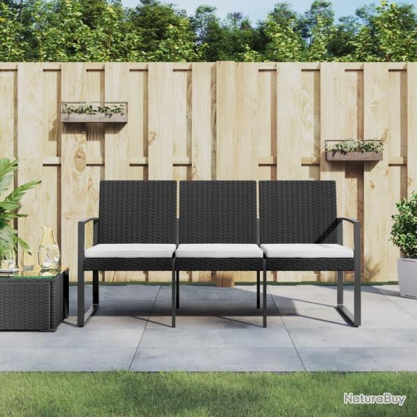 Banc de jardin � 3 places avec coussins noir rotin PP