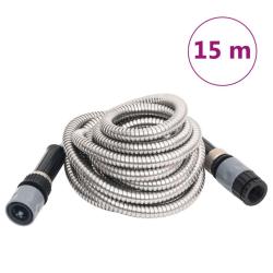 Tuyau d'arrosage et buse de pulv&eacute;risation argent&eacute; 0,6" 15m inox