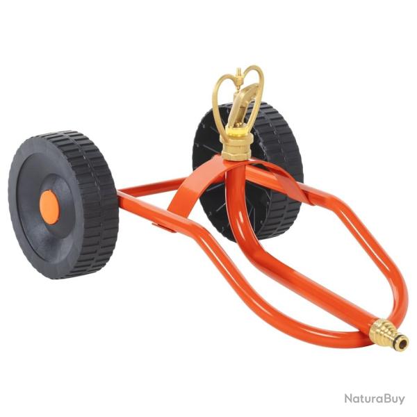 Tra�neau d'arrosage sur roues avec t�te rotative en acier rouge