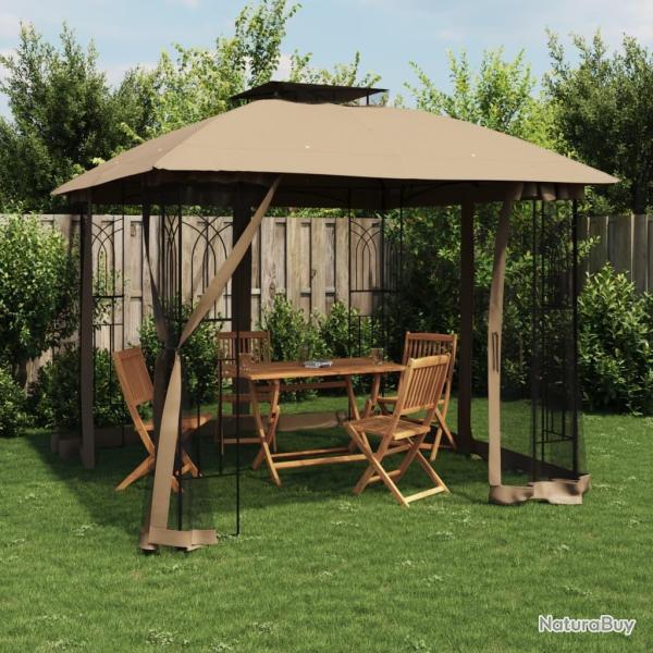 Tonnelle avec double toit et parois en filet taupe acier alsavelo