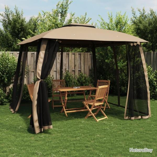 Tonnelle avec double toit et parois en filet taupe acier alsavelo