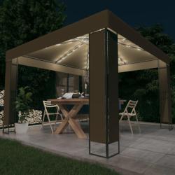Tonnelle avec double toit et lumi&egrave;res LED 3x3x2,7 m Taupe