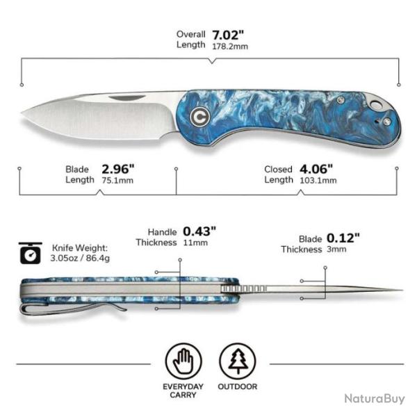 Couteau CIVIVI Elementum Slipjoint Blue Lame Drop Point Acier 14C28N Manche R�sine Clip CIVC18062AJ4
