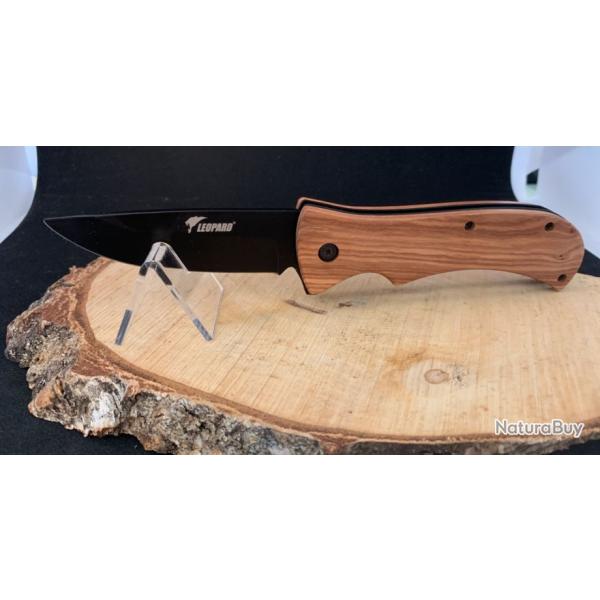 Couteau Lopard lame noire  avec manche en bois+ etui