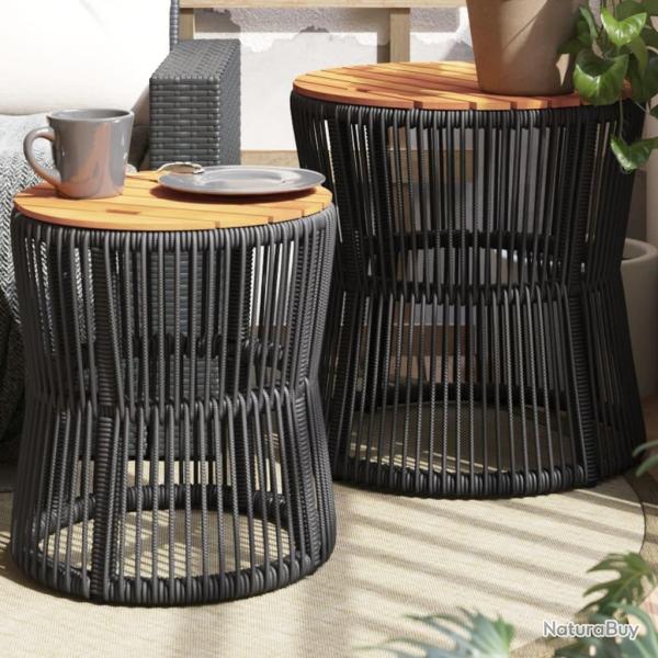 Tables d'appoint de jardin 2 pcs dessus en bois noir poly rotin alsavelo