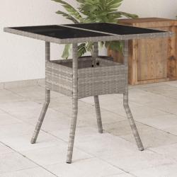 Table de jardin avec dessus en verre gris clair r&eacute;sine tress&eacute;e