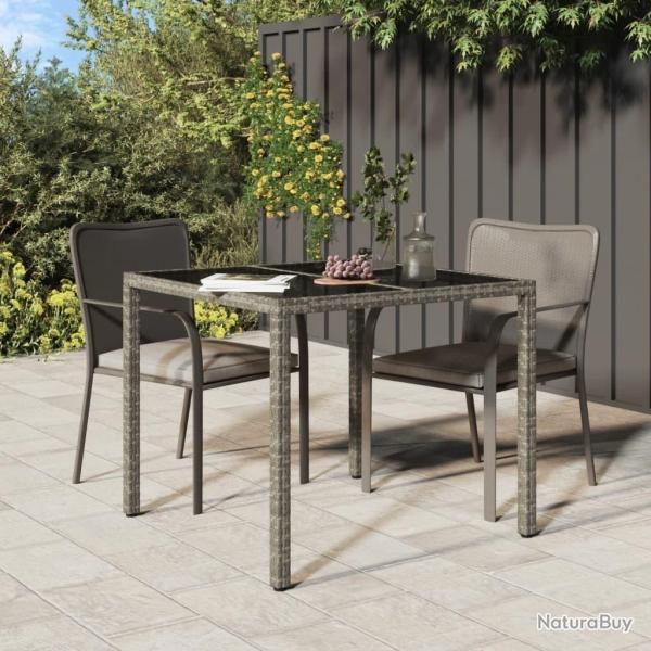 Table de jardin 90x90x75 cm Verre tremp et rsine tresse Gris alsavelo
