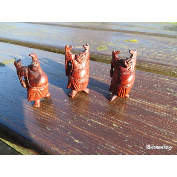 ART D'ASIE - TRIO de statuettes de Bouddha rieur Chinois en bois exotique sculpt� - CHINE (XX�)