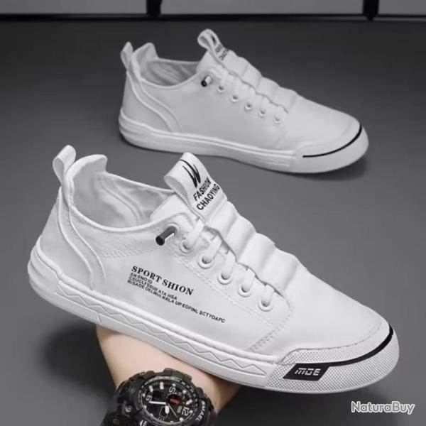 Chaussures de Sport Homme Blanche - Marche, Tennis,Chasse, mocassins en toile confortables plein air