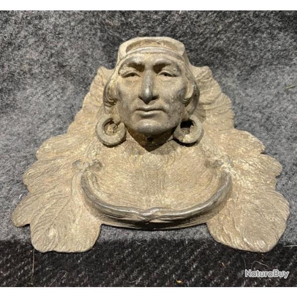 Ancien encrier � t�te indien  western en m�tal  rare objet de d�coration pour bureau Am�ricain