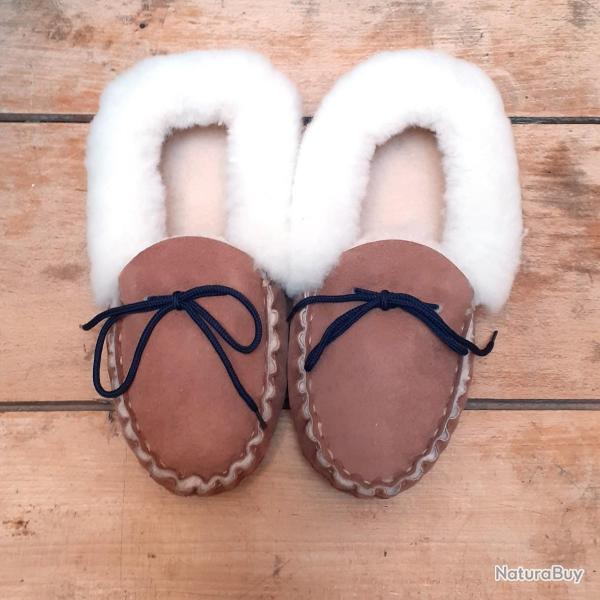 Chaussons mocassins femme chauds en peau d agneau moka