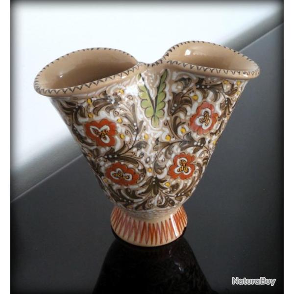 Ancien vase MOLARONI vintage ann�e 40-50 ( PESARO )-Vase double col en 8 sign�-Motifs floraux