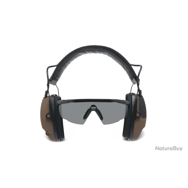 KIT COMBO CASQUE ANTIBRUIT ACTIF BLUETOOTH ET LUNETTES BALISTIQUES Marron