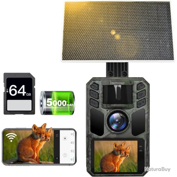 Cam�ra de Chasse Solaire WiFi 4K 64MP Batterie 5000mAh & Vision Nocturne Infrarouge  Carte 64GB