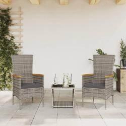 Ensemble &agrave; manger de jardin 3 pcs coussins gris r&eacute;sine tress&eacute;e