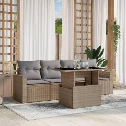 Salon de jardin avec coussins 5 pcs beige r&eacute;sine tress&eacute;e alsavelo