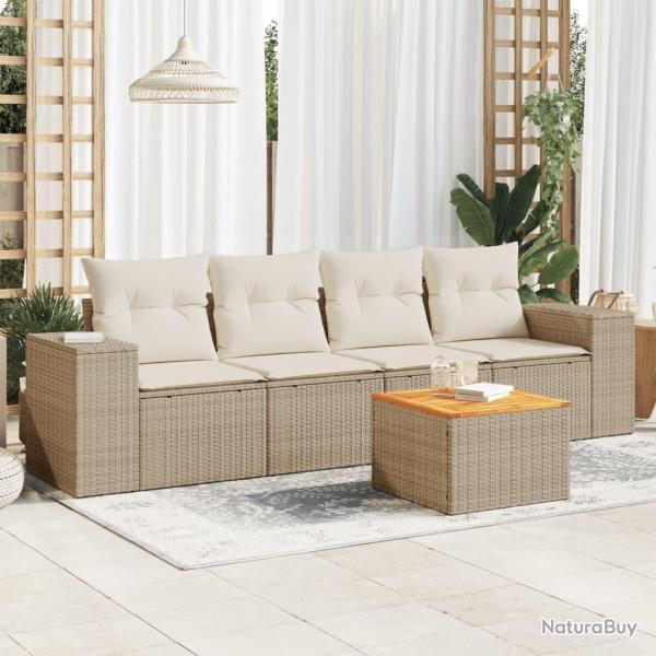 Salon de jardin avec coussins 5 pcs beige r�sine tress�e
