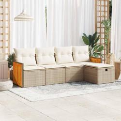 Salon de jardin avec coussins 5 pcs beige r&eacute;sine tress&eacute;e