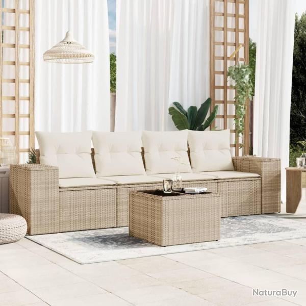 Salon de jardin avec coussins 5 pcs beige r�sine tress�e