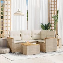 Salon de jardin avec coussins 5 pcs beige r&eacute;sine tress&eacute;e