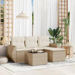 Salon de jardin avec coussins 5 pcs beige r&eacute;sine tress&eacute;e