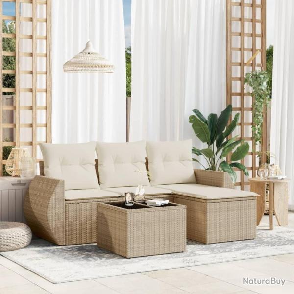 Salon de jardin avec coussins 5 pcs beige r�sine tress�e