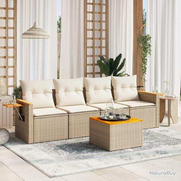 Salon de jardin avec coussins 5 pcs beige r�sine tress�e