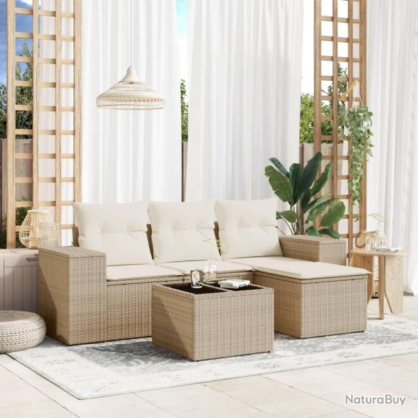 Salon de jardin avec coussins 5 pcs beige r�sine tress�e