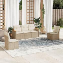Salon de jardin avec coussins 5 pcs beige r&eacute;sine tress&eacute;e