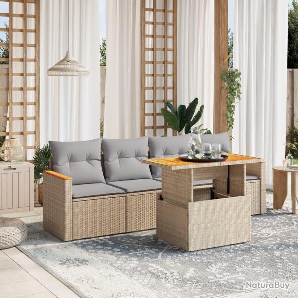Salon de jardin avec coussins 5 pcs beige r�sine tress�e