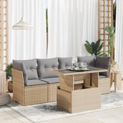 Salon de jardin avec coussins 5 pcs beige r&eacute;sine tress&eacute;e