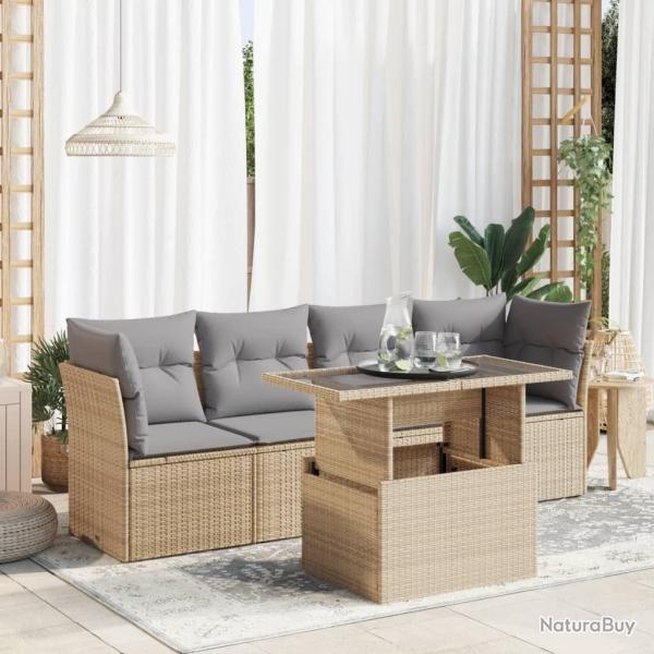 Salon de jardin avec coussins 5 pcs beige r�sine tress�e
