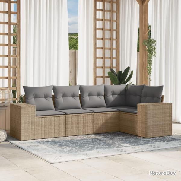Salon de jardin avec coussins 5 pcs beige r�sine tress�e