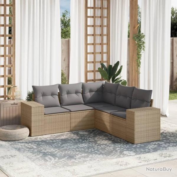 Salon de jardin avec coussins 5 pcs beige r�sine tress�e